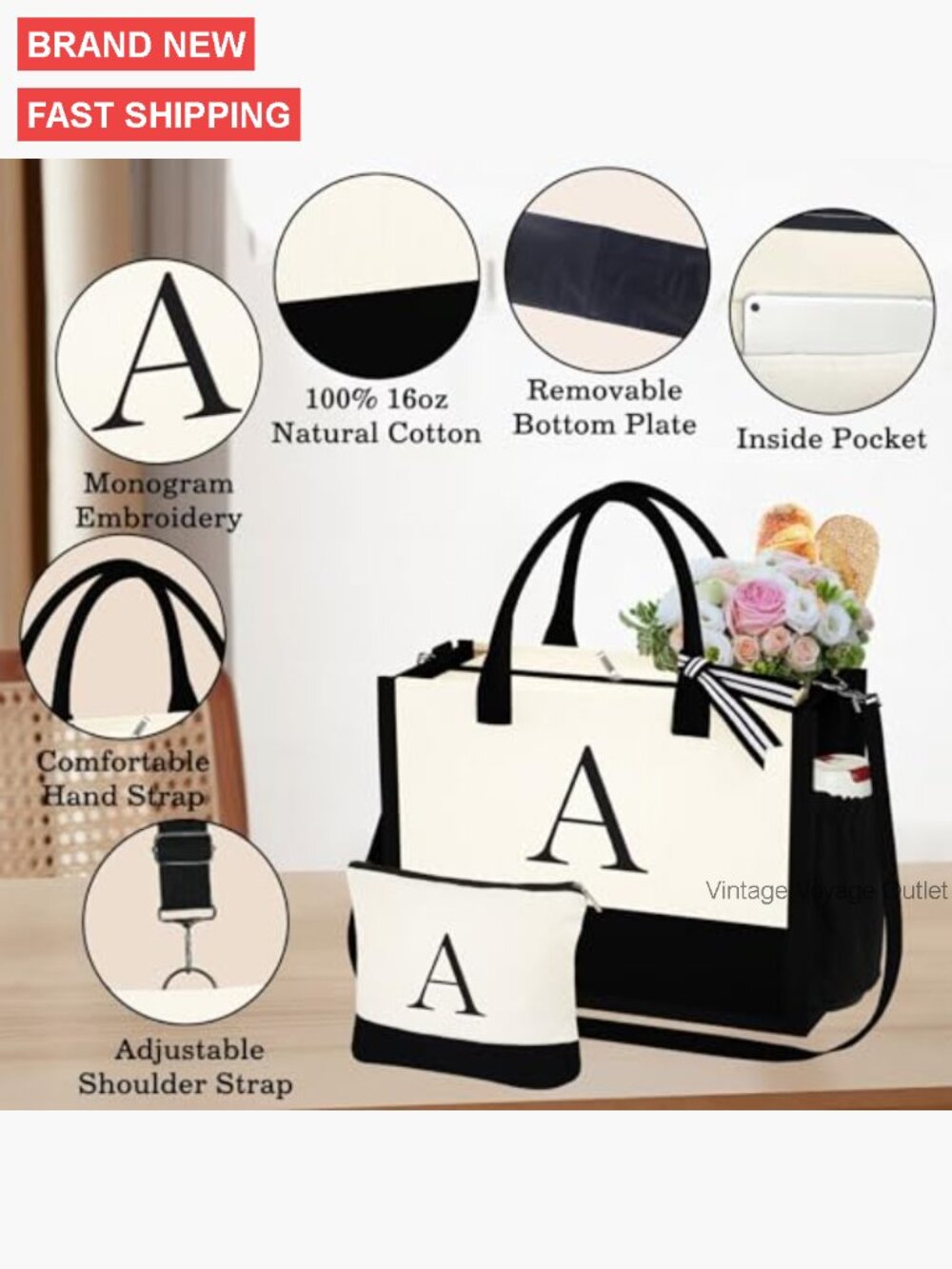 Large Canvas Tote Bag with Makeup Pouch, Adjustable Strap, Waterproof Lining - Picture 5 of 7